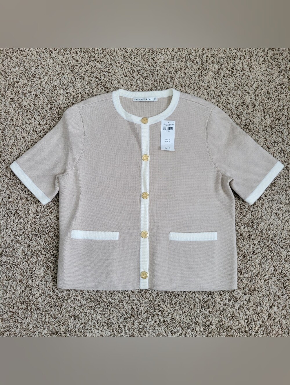 Abercrombie & Fitch Sweater Cardigan Short Sleeve Beige Ivory Gold Button XS NWT